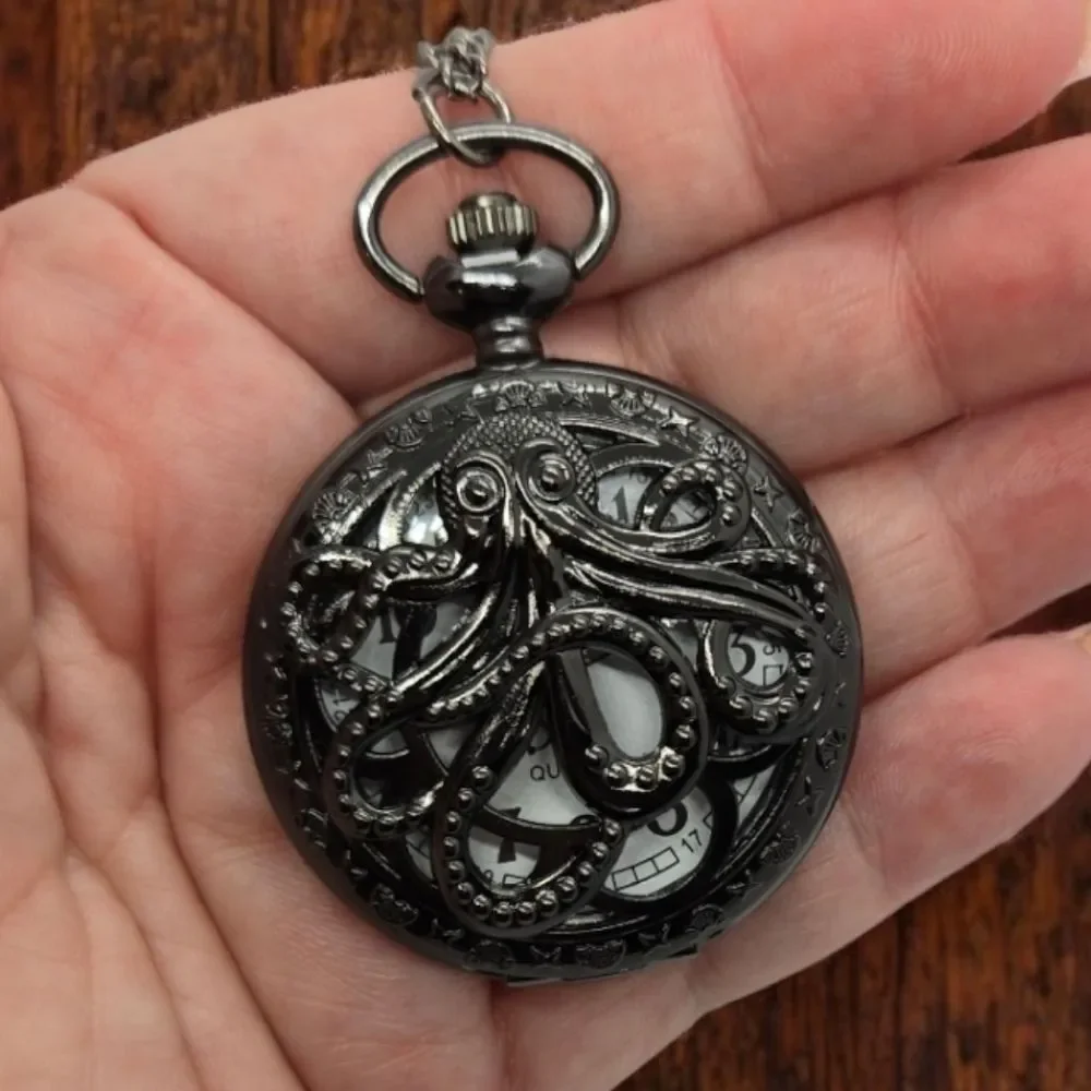 Kraken Octopus Pocket Watch Black Steampunk Pirate Nautical Quartz Chain Vintage